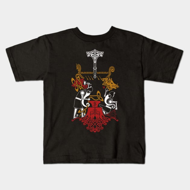 Brokkr and Sindri Dwarven Blacksmiths Norse Mythology Kids T-Shirt by Art of Arklin